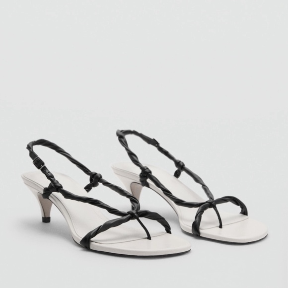 62. MANGO MNG Ruched Strips White Black Kitten Heel Sandals $90 EUC Sz 36 - Picture 1 of 7